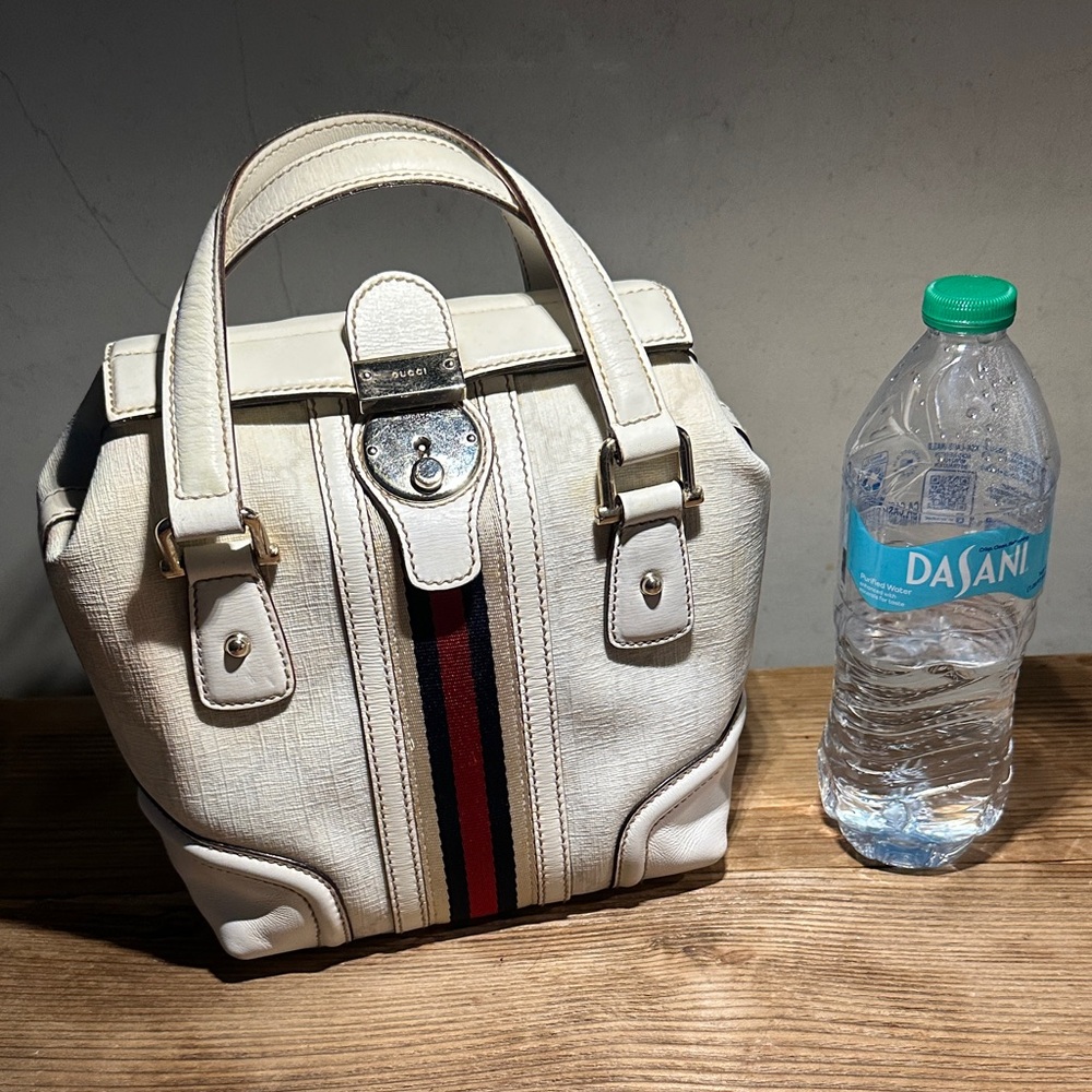 Gucci White Leather Top-Handle Tote with Red and Navy Web Stripe - Picture 2 of 7